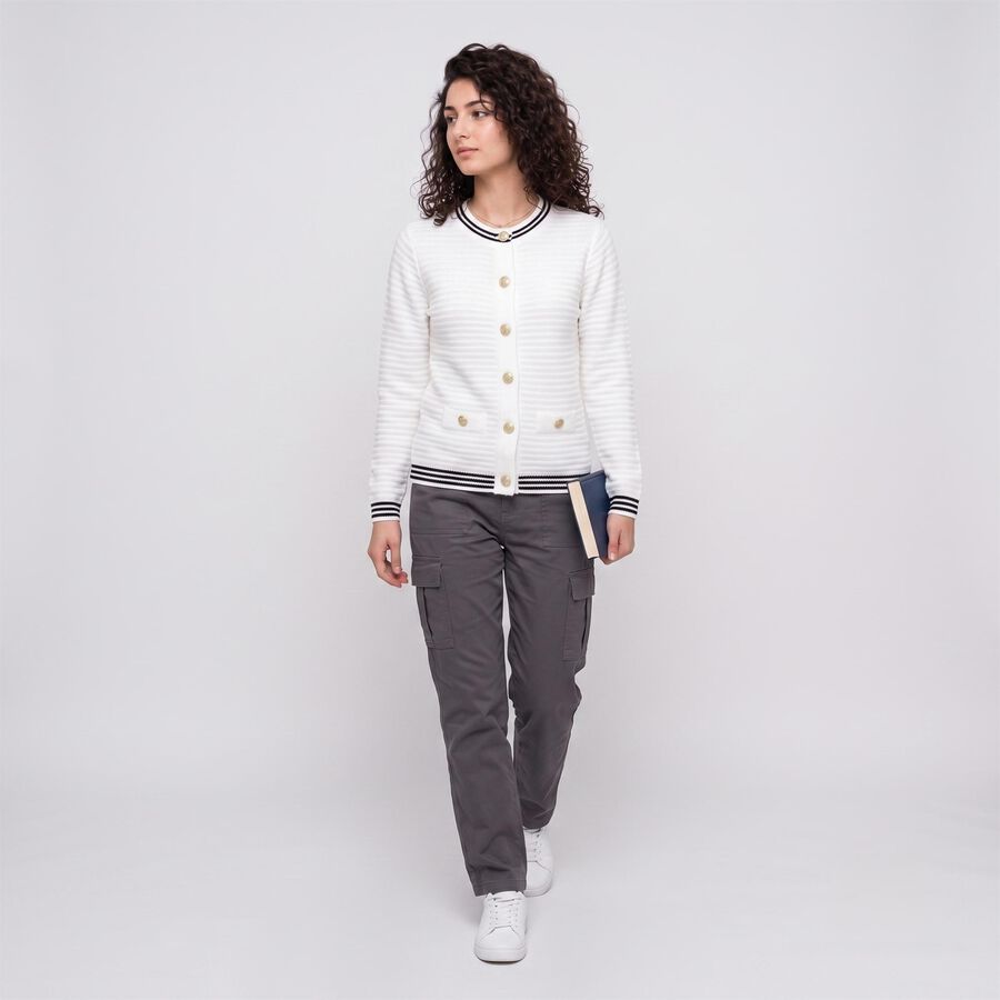 Women Off White Textured Round Neck Button-Front Cardigan, Off White, large