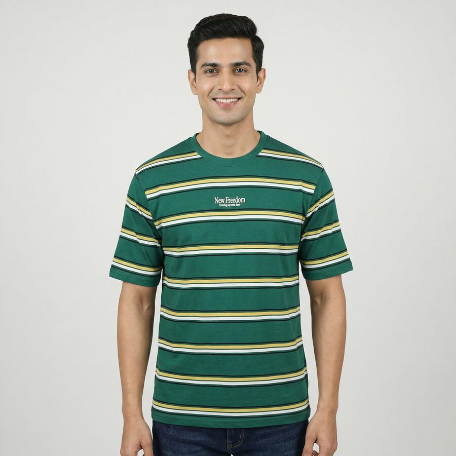 Men's Green Round Neck Casual T-Shirt, Dark Green, large