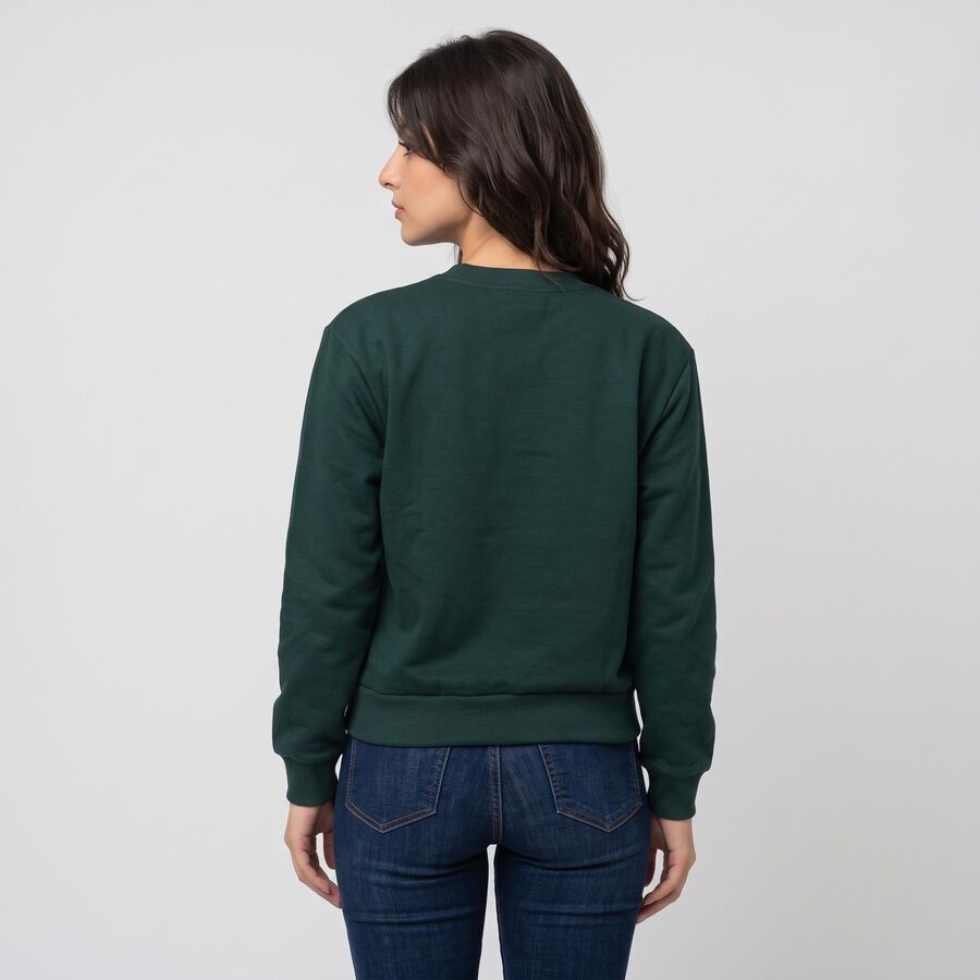 Women&rsquo;s Green Crew Neck Graphic Print Sweatshirt, गहरा हरा, large
