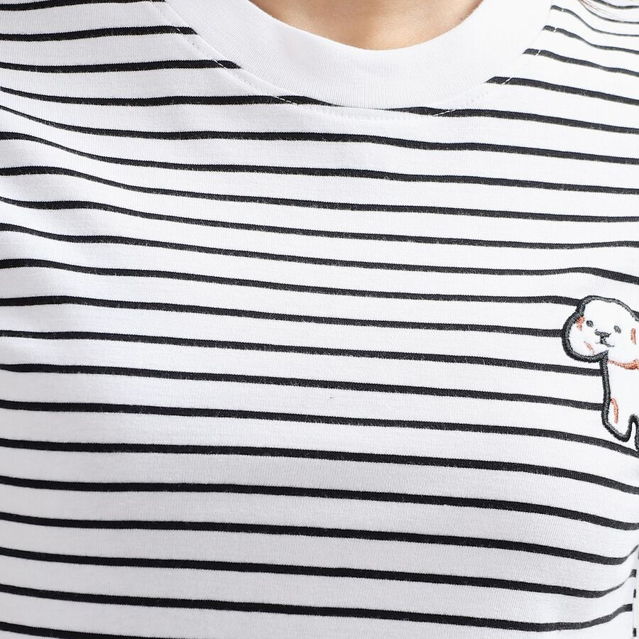 Ladies' Eggshell White Cotton Round Neck Striped T-Shirt, सफ़ेद, large image number null