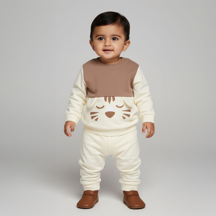 Infants Cream and Brown Round Neck Casual Sweatshirt, गहरा पीला, large image number null
