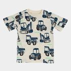 Boys' White Cotton Round Neck Printed T-Shirt, ऑफ व्हाइट, small