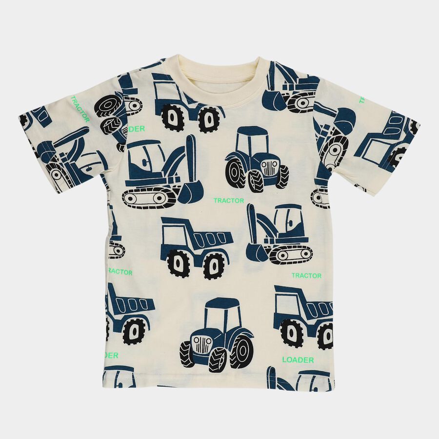 Boys' White Cotton Round Neck Printed T-Shirt, ऑफ व्हाइट, large