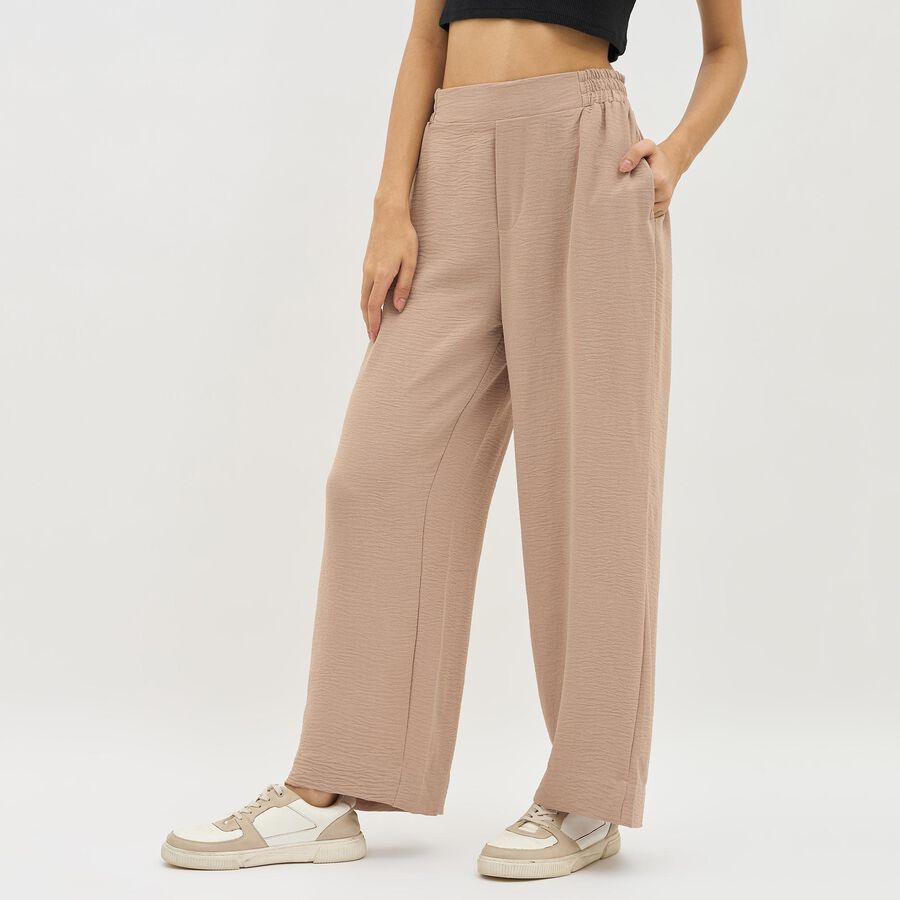 Women's Muted Beige Regular Fit High-Rise Wide-Leg Trousers, Beige, large image number null