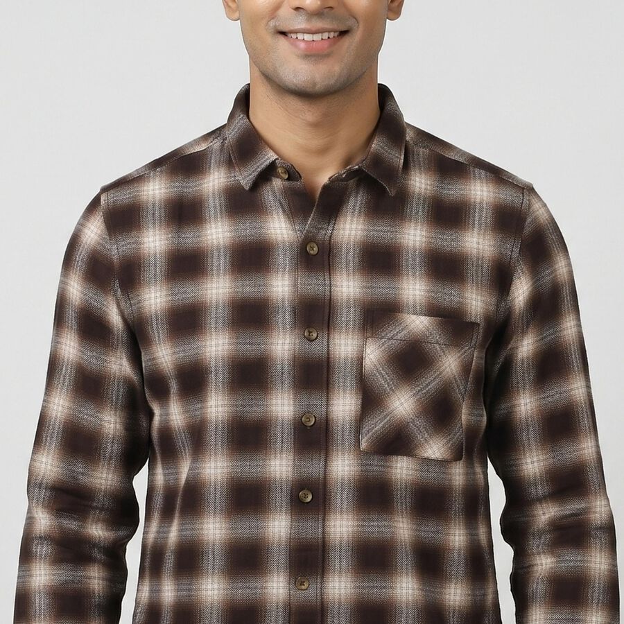 Men's Brown Cotton Long Sleeve Regular Fit Casual Shirt, भूरा, large