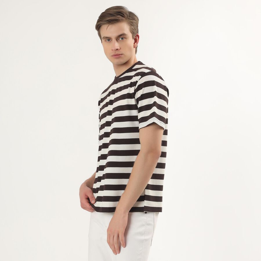 Men's Brown Round Neck Horizontal Striped T-Shirt, Brown, large