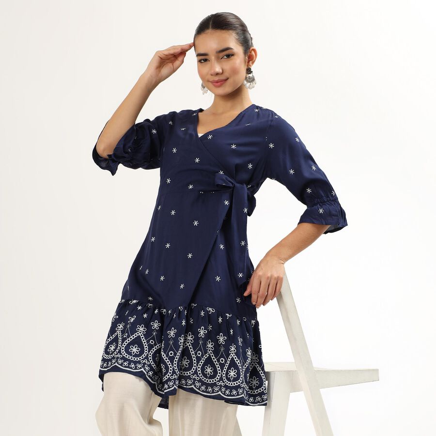 Women's Navy Blue V-Neck Embroidered Kurta, Navy Blue, large image number null