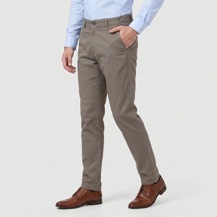 Men's Grey Slim Fit Textured Casual Trousers, हल्का ग्रे, large