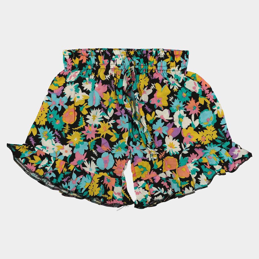 Girls' Black Regular Fit Floral Printed Shorts, काला, large