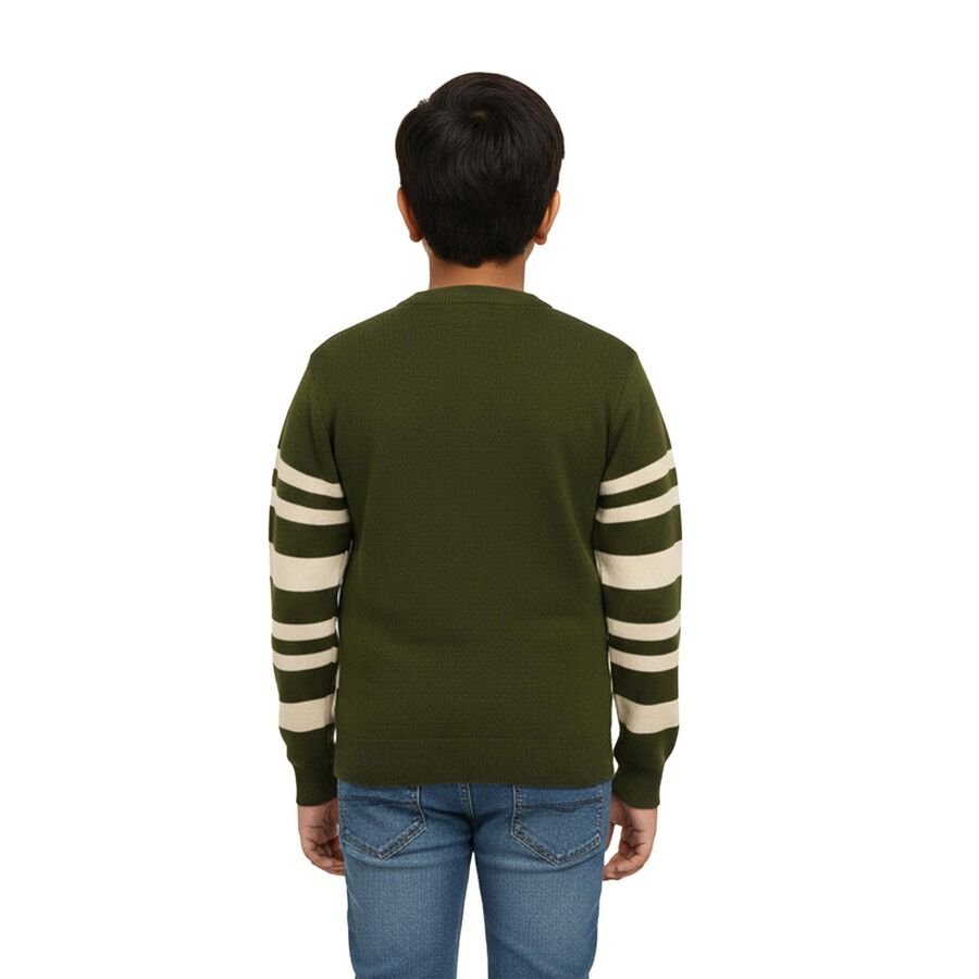 Boys Olive Green Crew Neck Striped Pullover, ओलिव, large image number null