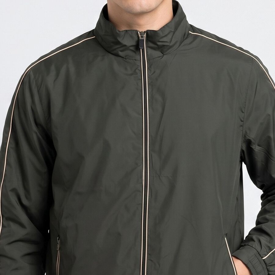 Men's Olive Green Stand Collar Windbreaker Jacket, Dark Green, large