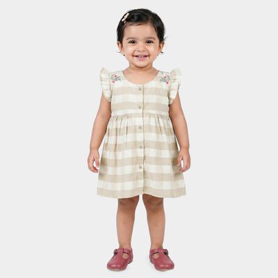 Infants' Beige Checked Embroidered Fit and Flare Frock