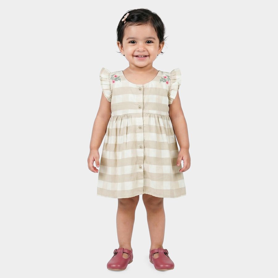 Infants' Beige Checked Embroidered Fit and Flare Frock, गहरा पीला, large