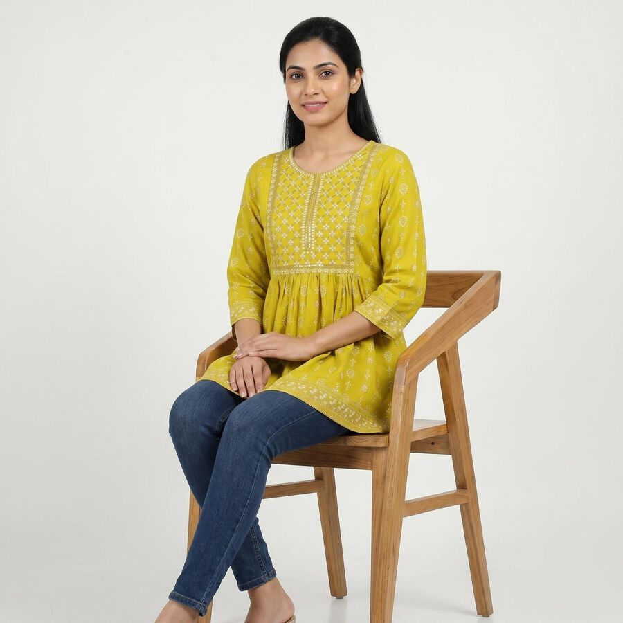 Women's Light Green Round Neck Printed A-Line Kurti, Light Green, large