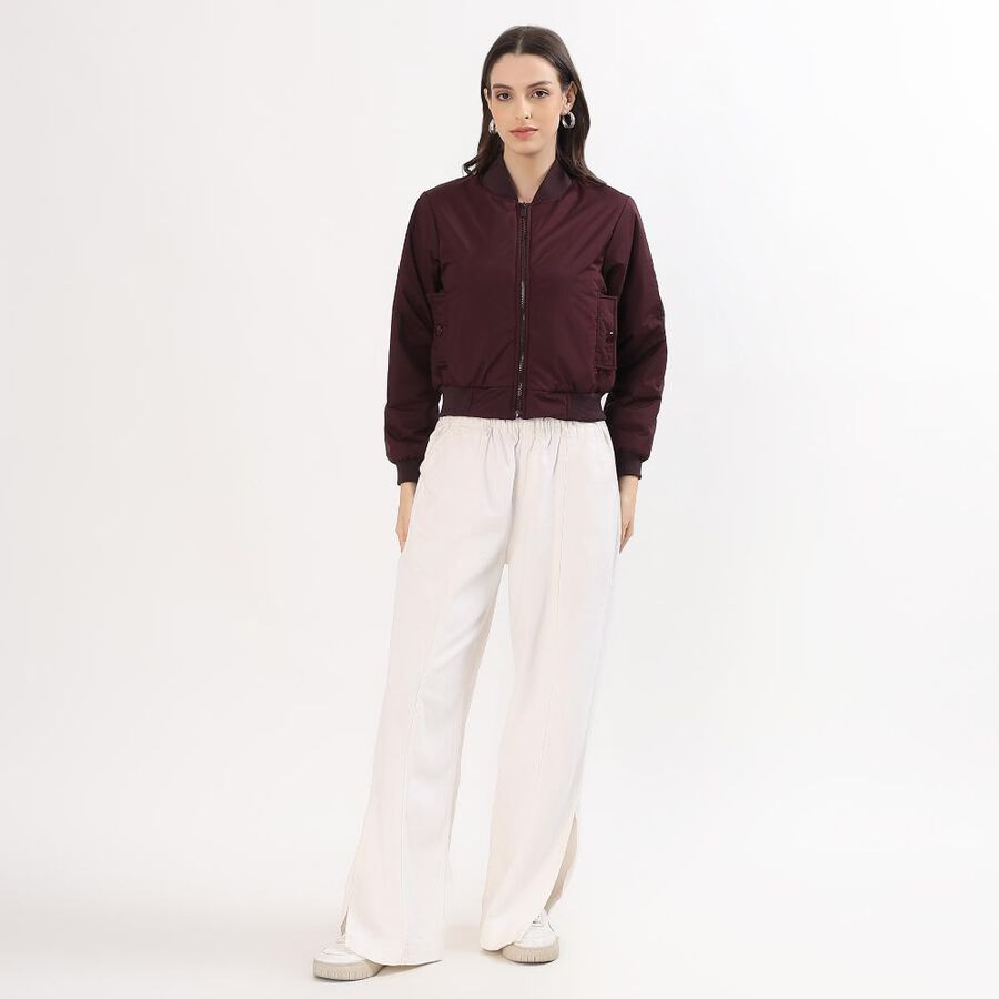 Women's Rich Maroon Ribbed Bomber Jacket, Wine, large image number null