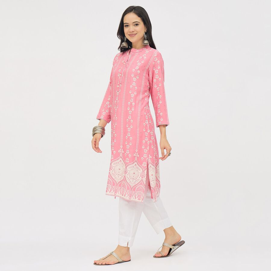 Ladies' Bright Rose Pink Round Neck Placement Printed Kurta, Pink, large image number null