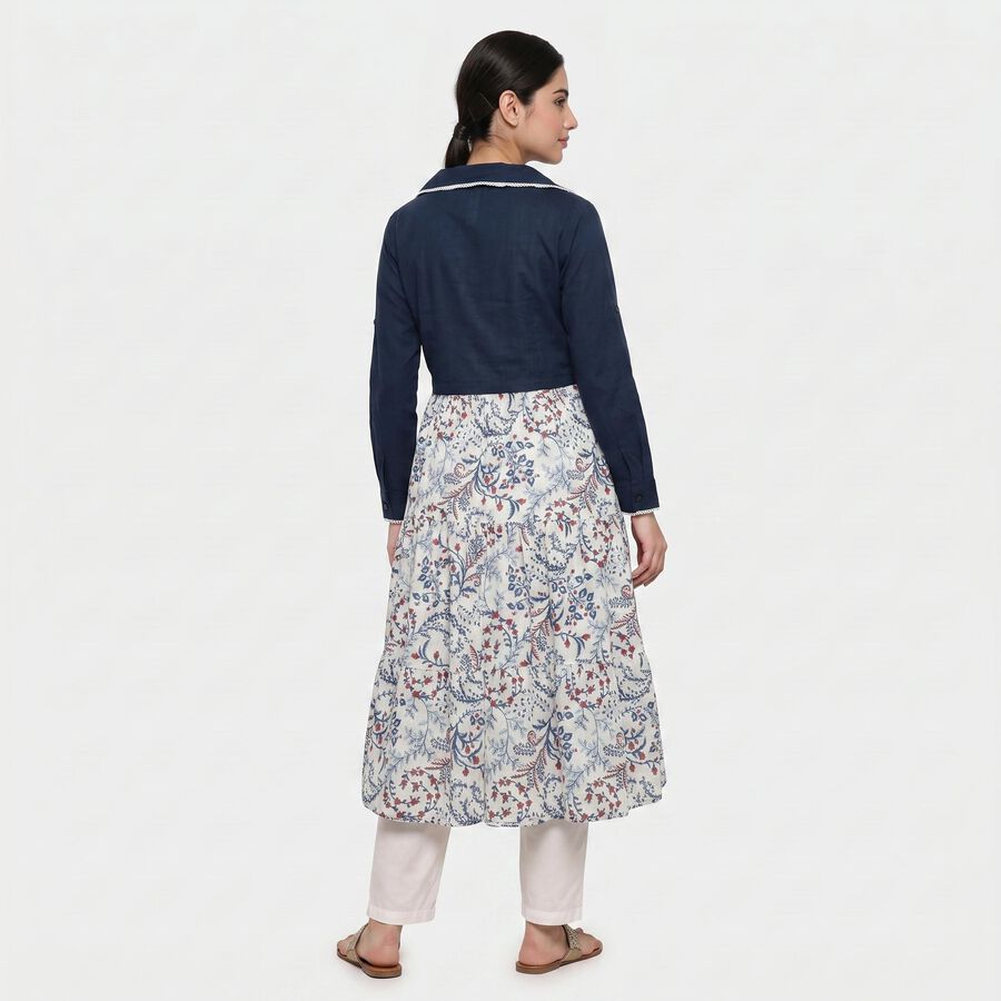 Women's Navy Blue Cotton Lapel Collar Floral Printed Flared Kurta, Navy Blue, large