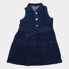 Girls' Navy Blue Tiered Belted Shirt Style Frock, गहरा नीला, small