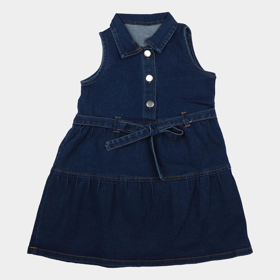 Girls' Navy Blue Tiered Belted Shirt Style Frock, गहरा नीला, large