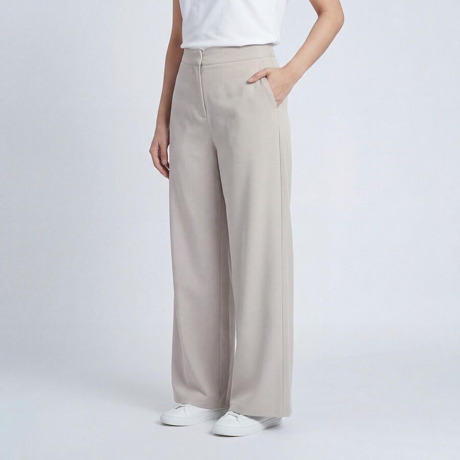 Women's Light Grey Wide-Leg Flat-Front Trousers, हल्का ग्रे, large