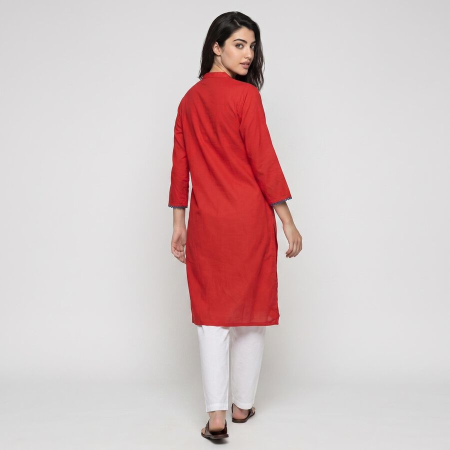 Women's Red Notch Neck Embroidered Kurta, Red, large