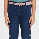 Girls' Navy Blue Straight Fit Embroidered Jeans, गहरा नीला, small