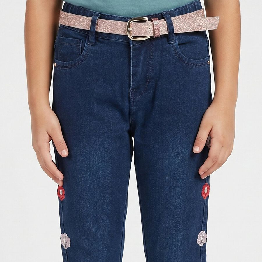 Girls' Navy Blue Straight Fit Embroidered Jeans, गहरा नीला, large
