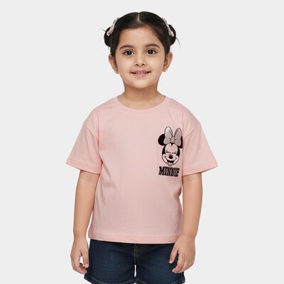 Girls' Pink Cotton Round Neck Minnie Mouse Printed T-Shirt