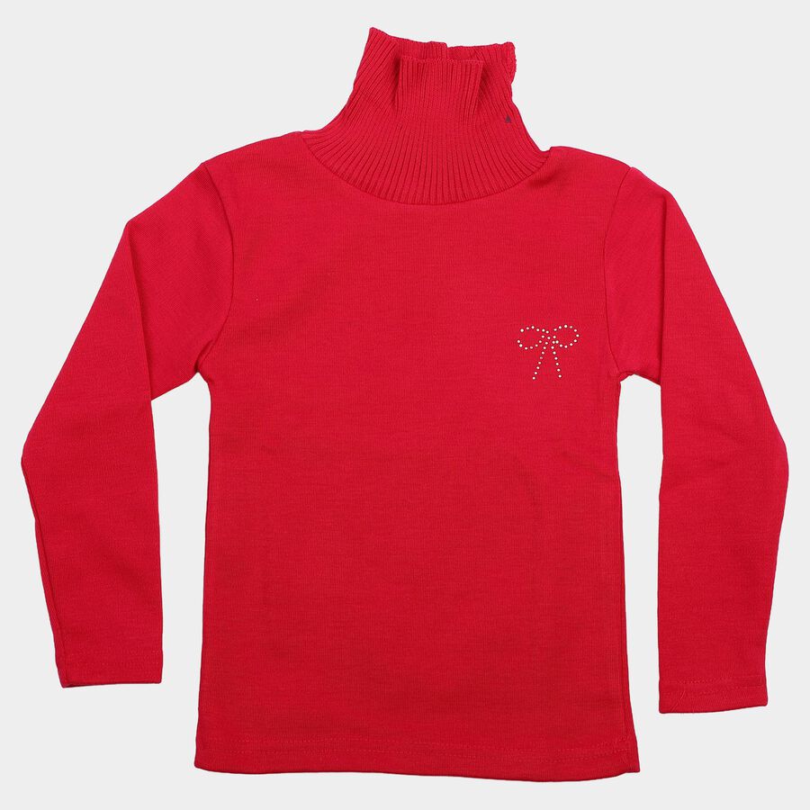 Girls' Fuchsia Turtleneck Embellished Pullover, Fuchsia, large