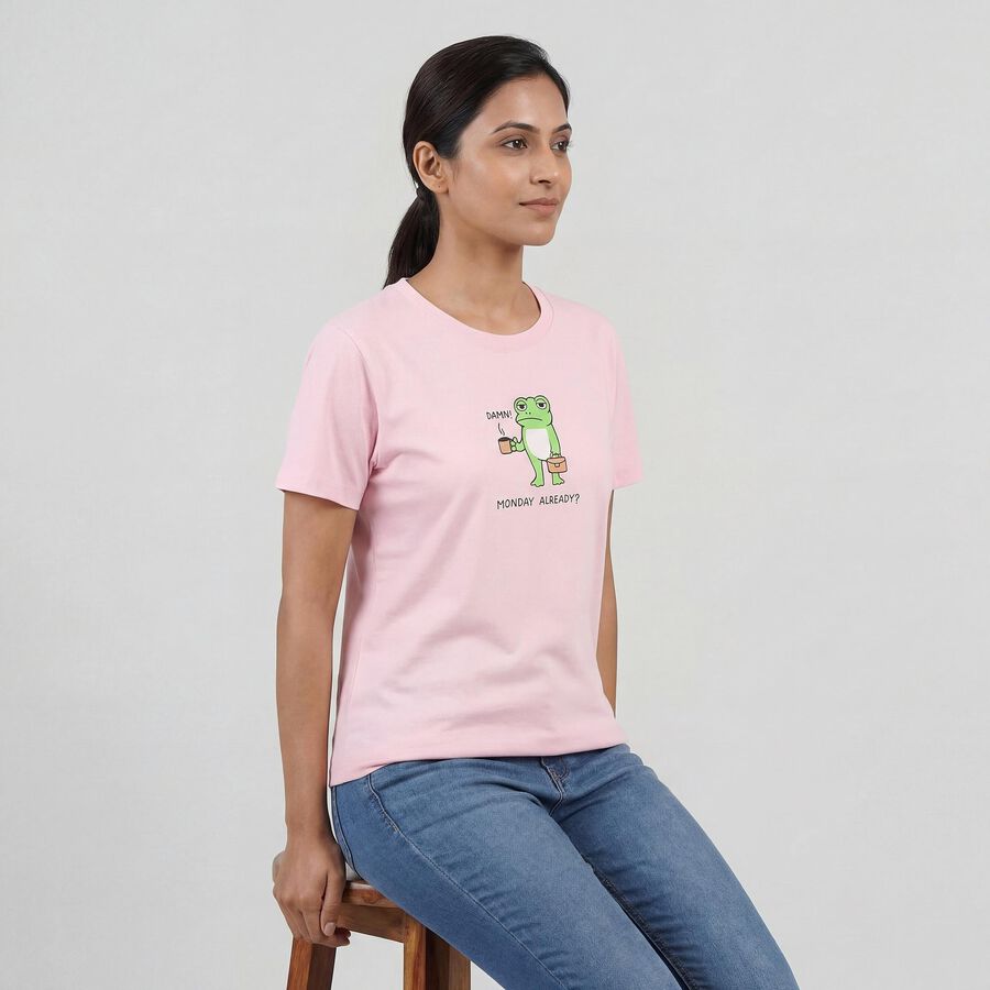 Women's Light Pink Cotton Round Neck Casual T-Shirt, Light Pink, large