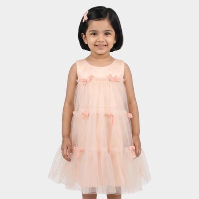 Girls' Pink Sleeveless Tiered Bow Detail Frock