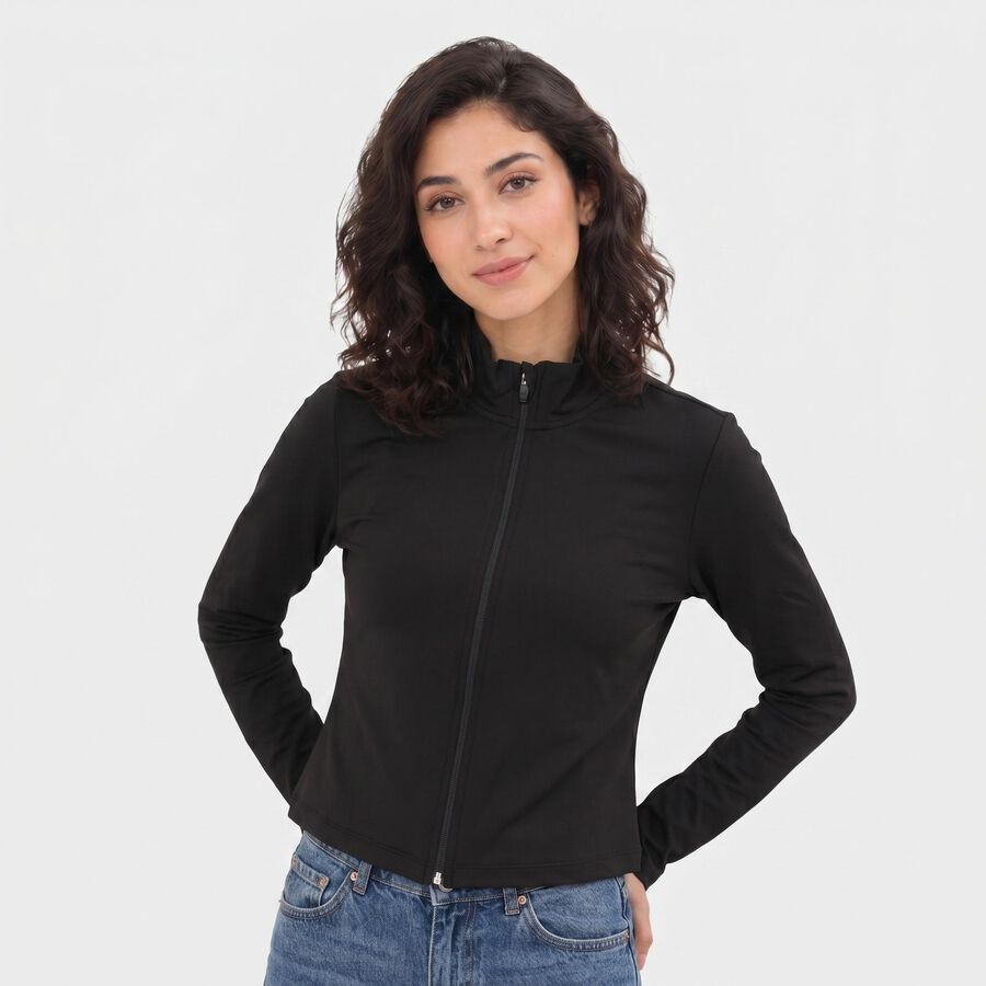 Women's Black Stand Collar Windbreaker Jacket, काला, large
