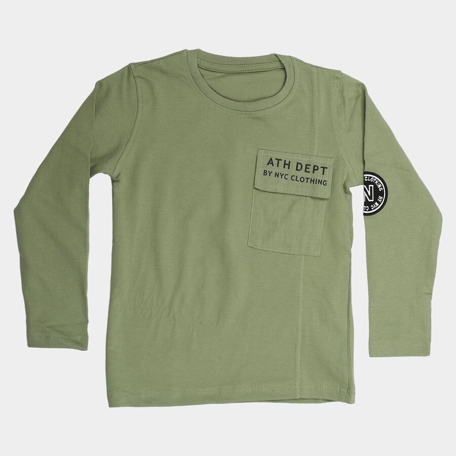 Boys Olive Green Cotton Round Neck Regular T-Shirt, Olive, large