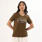 Women's Olive Round Neck Graphic T-Shirt, Olive, small