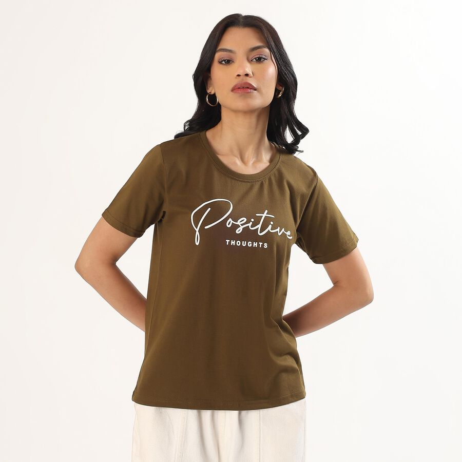 Women's Olive Round Neck Graphic T-Shirt, Olive, large