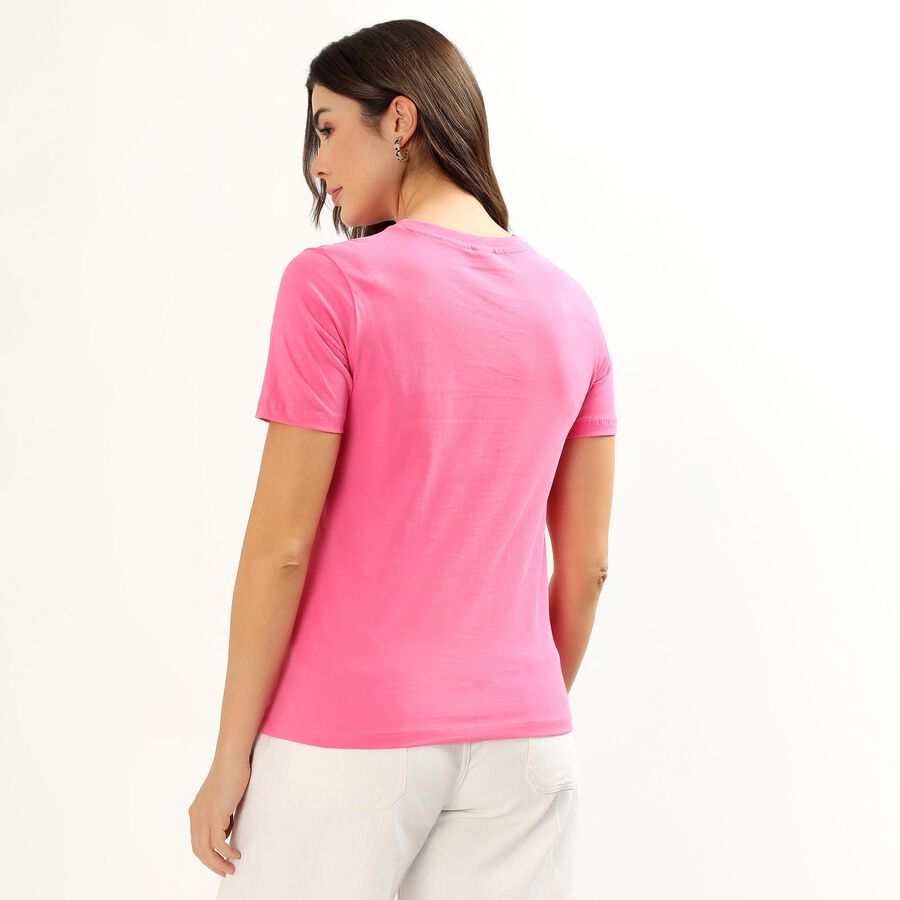 Women's Bright Fuchsia Pink Cotton Round Neck Casual T-Shirt, रानी (फ्यूशिया), large