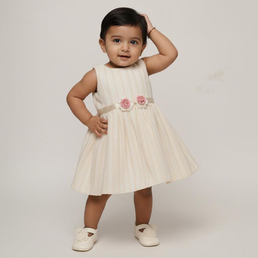 Infants' Soft Ivory Sleeveless Floral Embellished Party Frock, Beige, large image number null