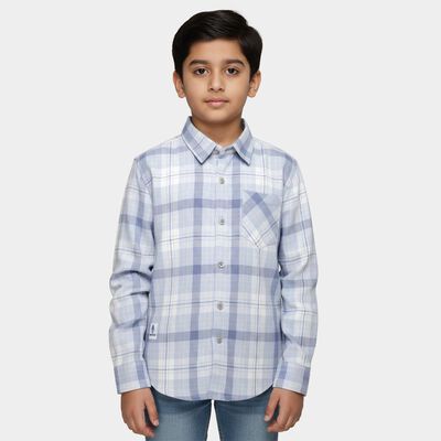 Boys Light Powder Blue Checkered Classic Collar Casual Shirt