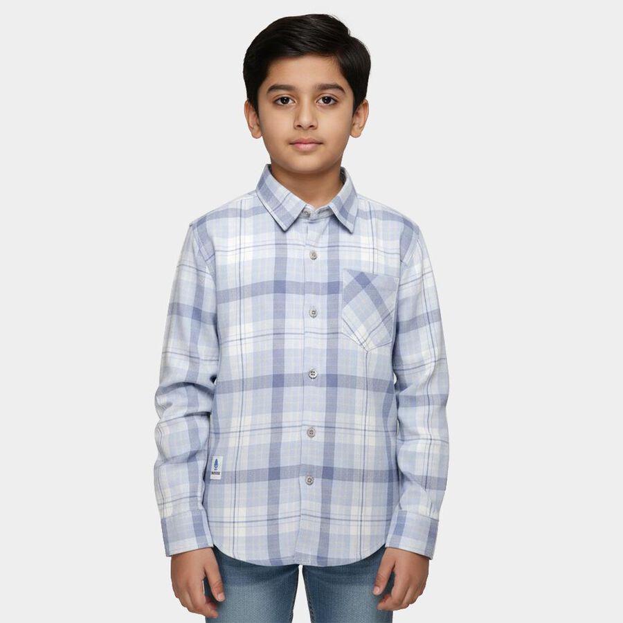 Boys Light Powder Blue Checkered Classic Collar Casual Shirt, Light Blue, large image number null