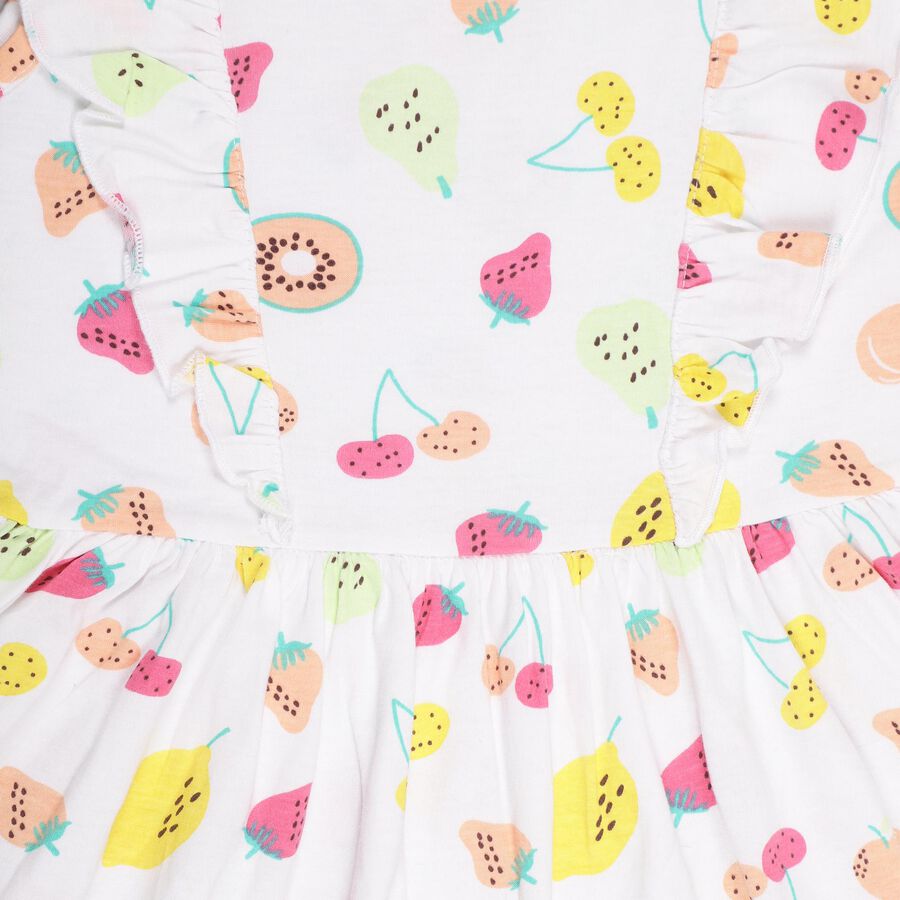 Girls' White Fruit Printed Sleeveless Flared Frock, Off White, large image number null