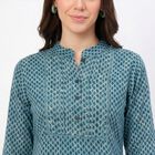 Women's Teal Mandarin Collar Geometric Printed Kurti, Mid Blue, small
