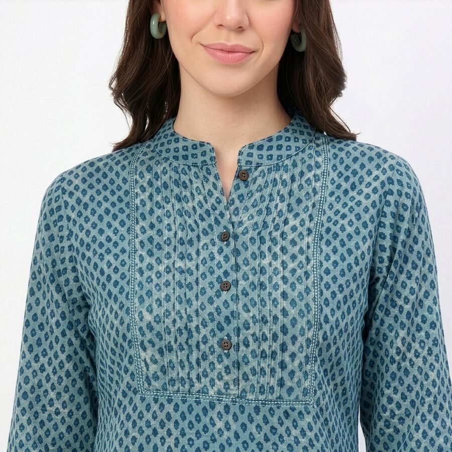 Women's Teal Mandarin Collar Geometric Printed Kurti, Mid Blue, large
