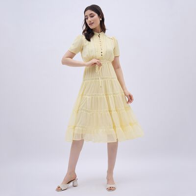 Women's Soft Yellow Mandarin Collar Romantic Midi Dress
