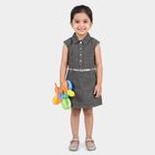 Girls' Grey Shirt Style Belted Frock, हल्का ग्रे, small