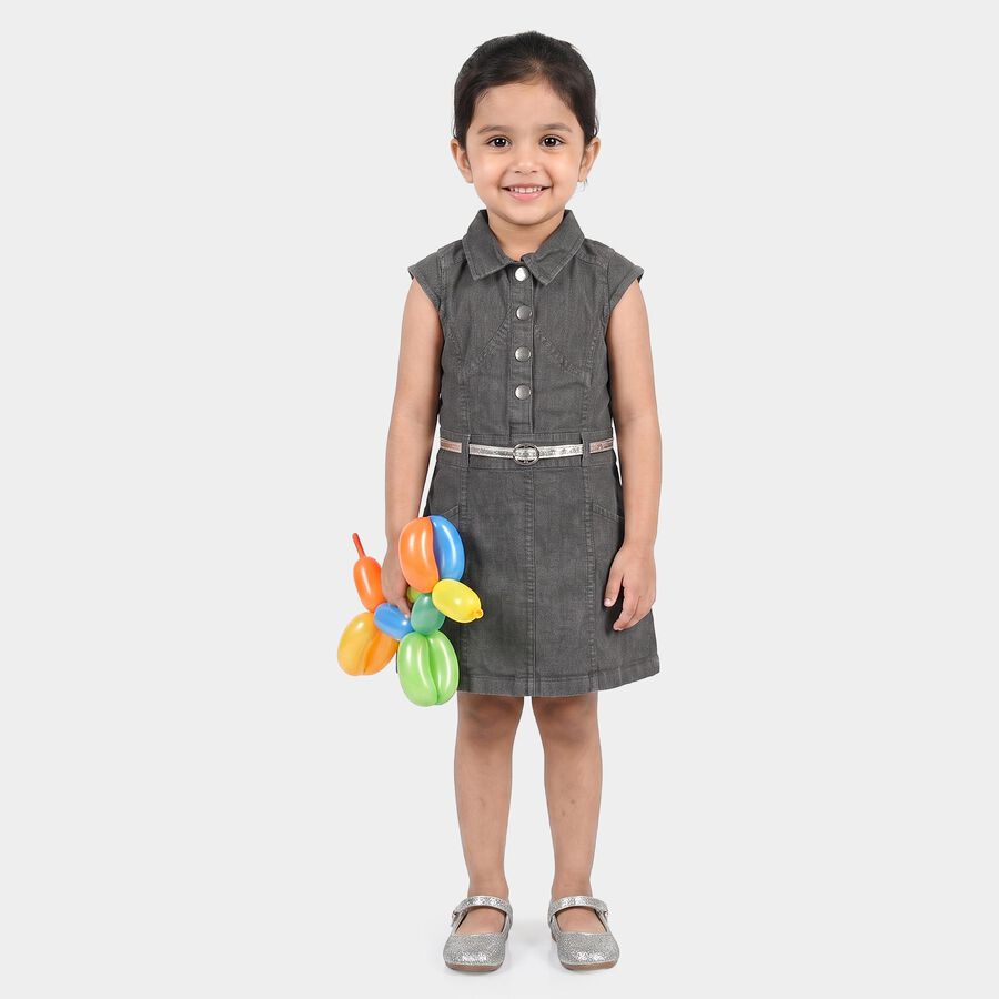 Girls' Grey Shirt Style Belted Frock, हल्का ग्रे, large