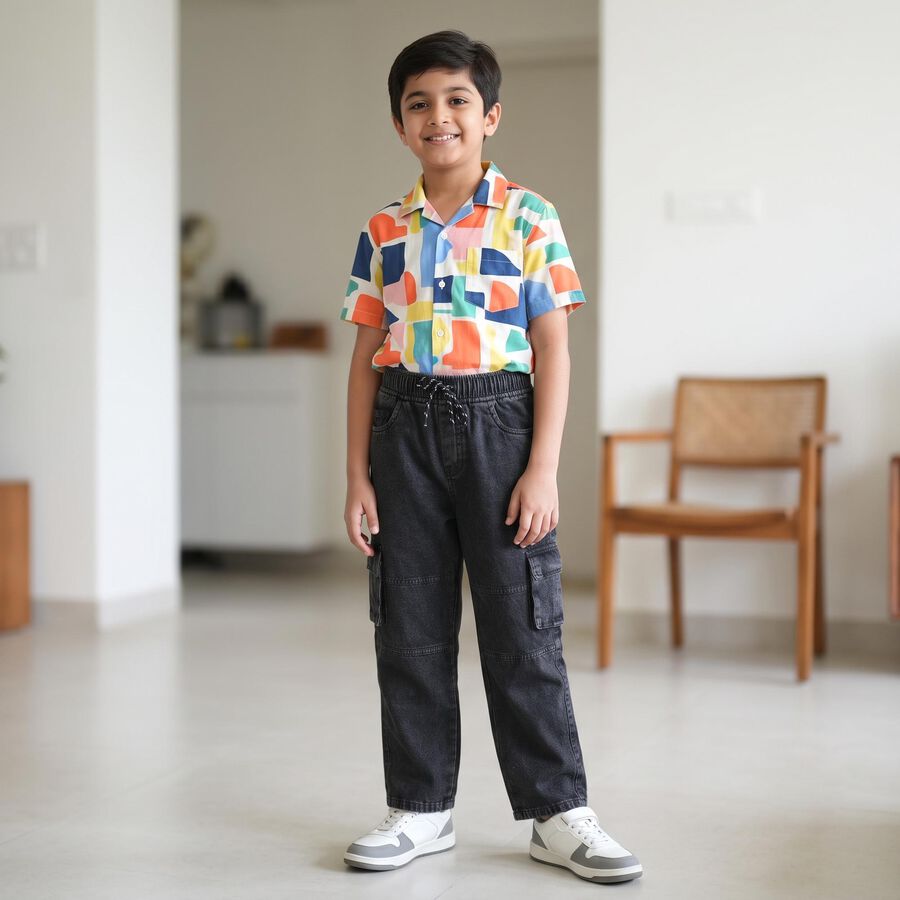 Boys' Black Relaxed Fit Cargo Jeans, काला, large