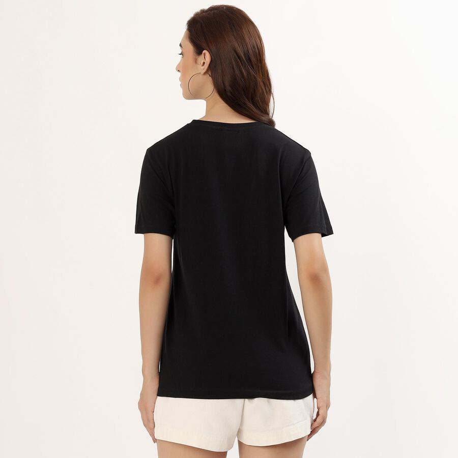 Women's Jet Black Cotton Round Neck Casual T-Shirt, काला, large image number null
