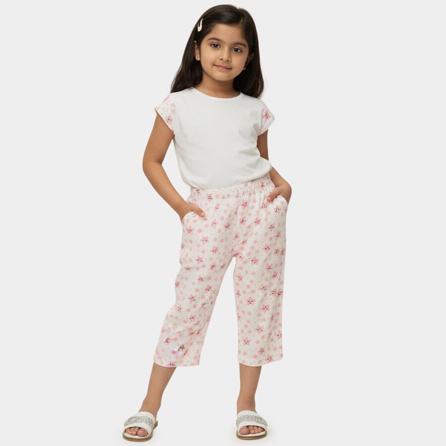 Girls' White Regular Fit Star Printed Capri, White, large