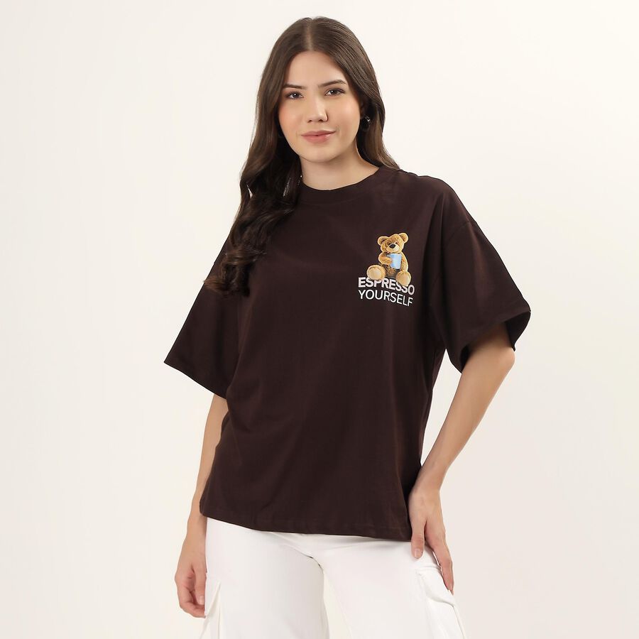 Women's Brown 100% Cotton Round Neck Minimalist T-Shirt, Brown, large