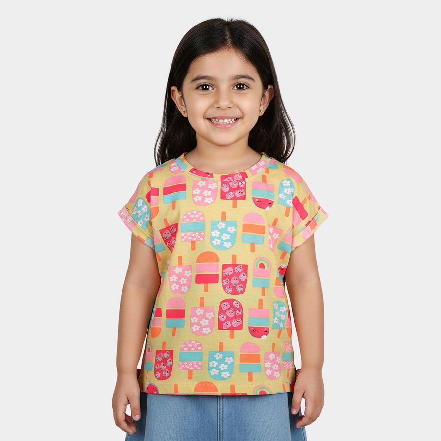 Girls Yellow Cotton Casual T-Shirt, Yellow, large